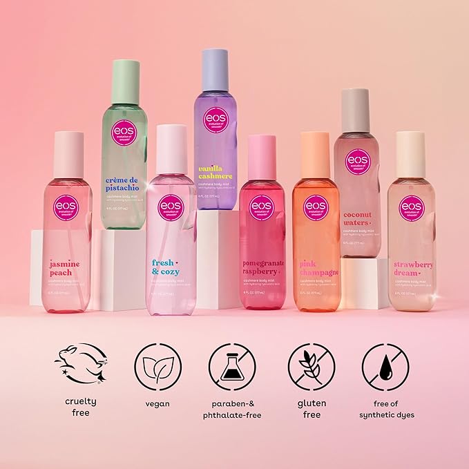 eos Cashmere Body Mist, Jasmine Peach, Body Spray for Women, Hair Mist, Floral Perfume, Moisturizing, Hyaluronic Acid, Glycerin, Vegan, Cruelty-free, 6 fl oz