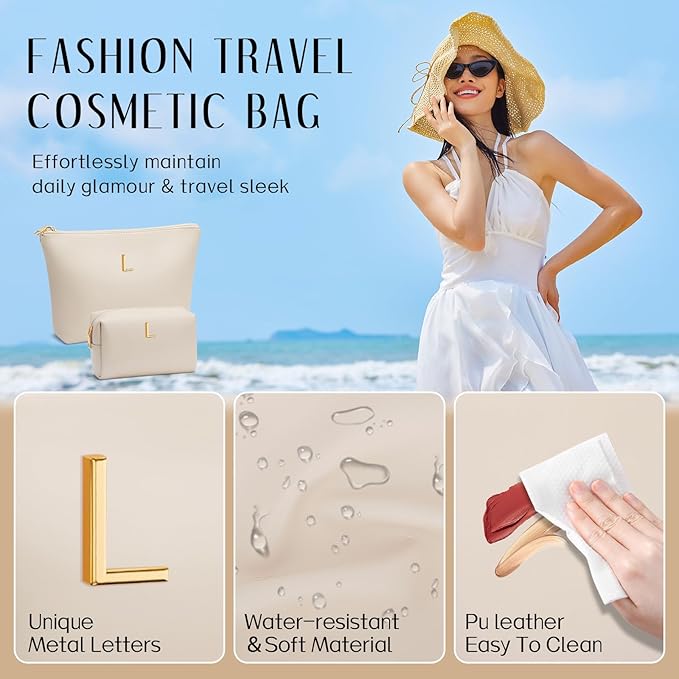 Valentine's Day Gifts for Women Girlfriend Initial Makeup Bag for Teen Girls Personalized Gifts for Friend Teacher Mom Wife Cosmetic Travel Toiletry Bag(Beige,L)