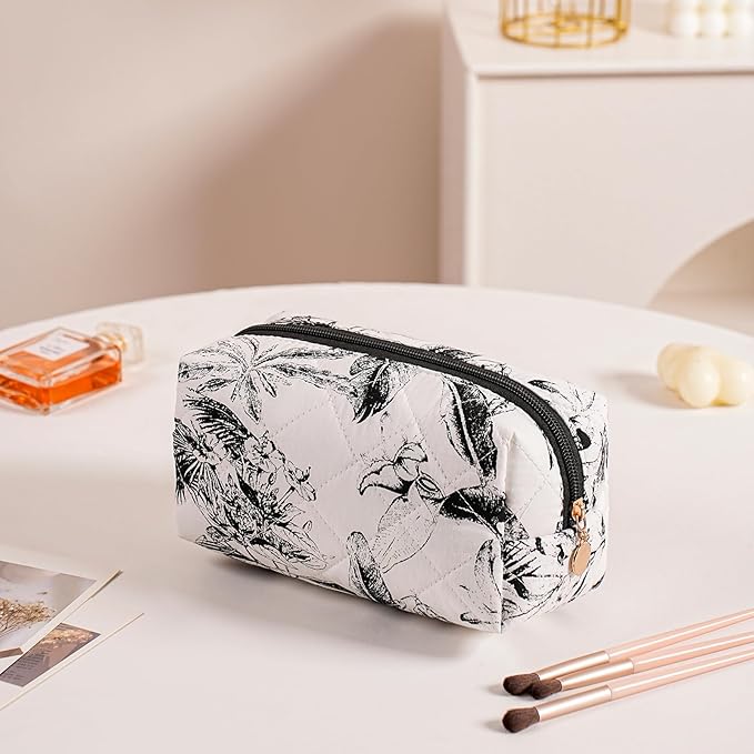 Cute Floral Makeup Bag Small Cotton Quilted Cosmetic Bag, Aesthetic Essential Bag Emergency Bag Gift for Women Girls Travel Accessories (Sketch Leaves)