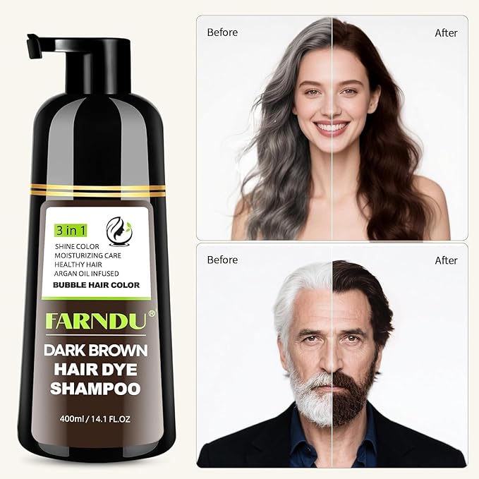 Farndu Dark Brown Hair Dye Shampoo, 3 in 1 Instant Hair Color with 15 Min Gray Coverage, Natural Semi-Permanent Herbal Shampoo for Men & Women