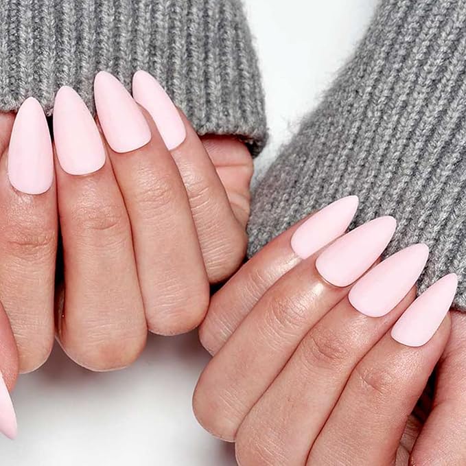 GLAMERMAID Light Pink Press on Nails Medium Almond, Spring Summer Nude Neutral Velvet Dull Gel Glue on Nail Stiletto, Matte Fake Nails Short Oval，Reusable Acrylic Stick on False Nail Kits for Women