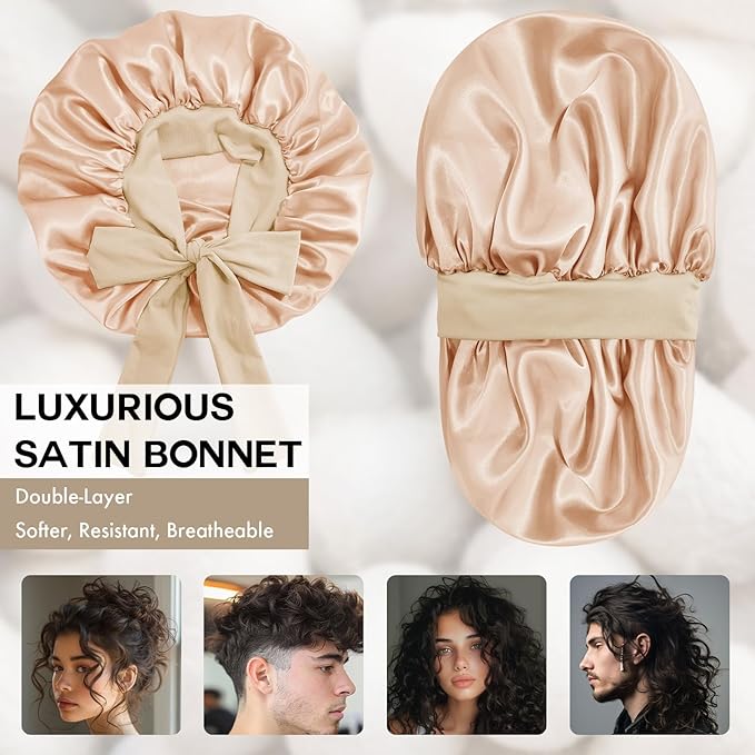Silk Bonnet for Sleeping Women, Adjustable Soft Satin Lined Bonnet with Tie Band, Double Layer Sleep Night Cap