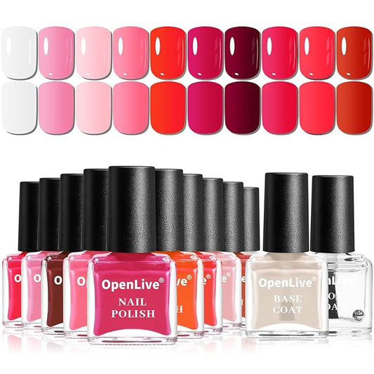 OpenLive 12 PCS Pink Nail Polish Set With 10 Colour Combo, 2 PCS Base and Top Coat, Fast Drying Long Lasting Nail Polish for Holiday Gift Giving