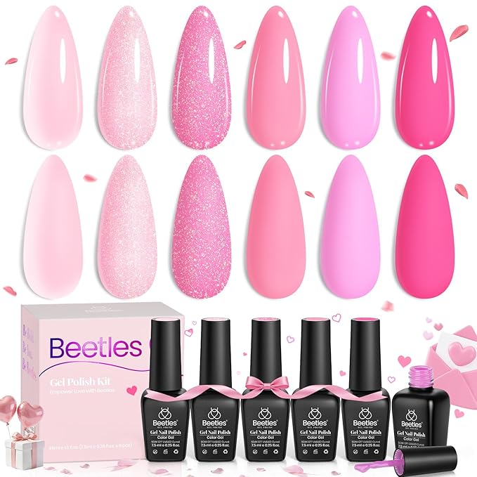 Beetles Pink Gel Nail Polish, 6 Colors Hot Pink Glitter Bright Jelly Gel Polish Soak off Uv LED Cured Nail Art Design Salon Home DIY Manicure Valentines Day Gifts for Women