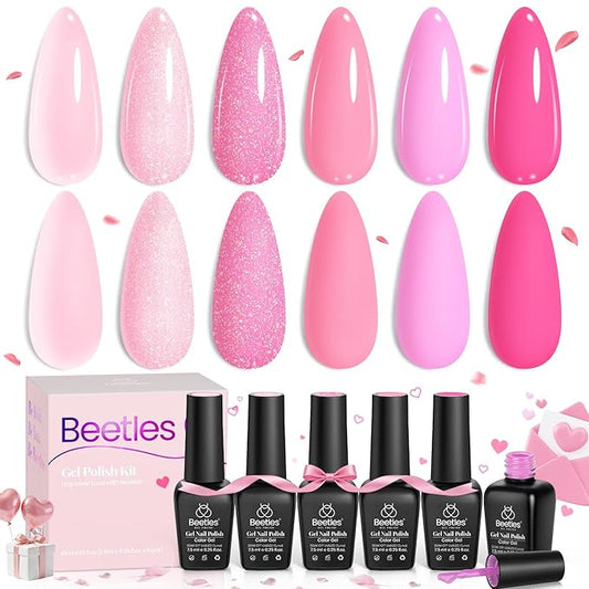 Beetles Pink Gel Nail Polish, 6 Colors Hot Pink Glitter Bright Jelly Gel Polish Soak off Uv LED Cured Nail Art Design Salon Home DIY Manicure Valentines Day Gifts for Women