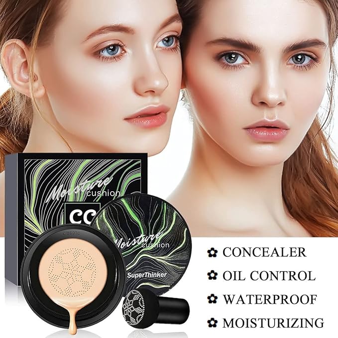 Air Cushion CC Cream Mushroom Head Foundation Makeup, BB Cream Face Makeup Foundation, Moisturizing Concealer Brighten, Natural Coverage, Tattoo cover up, Even Skin Tone for All Skin Types (Ivory)