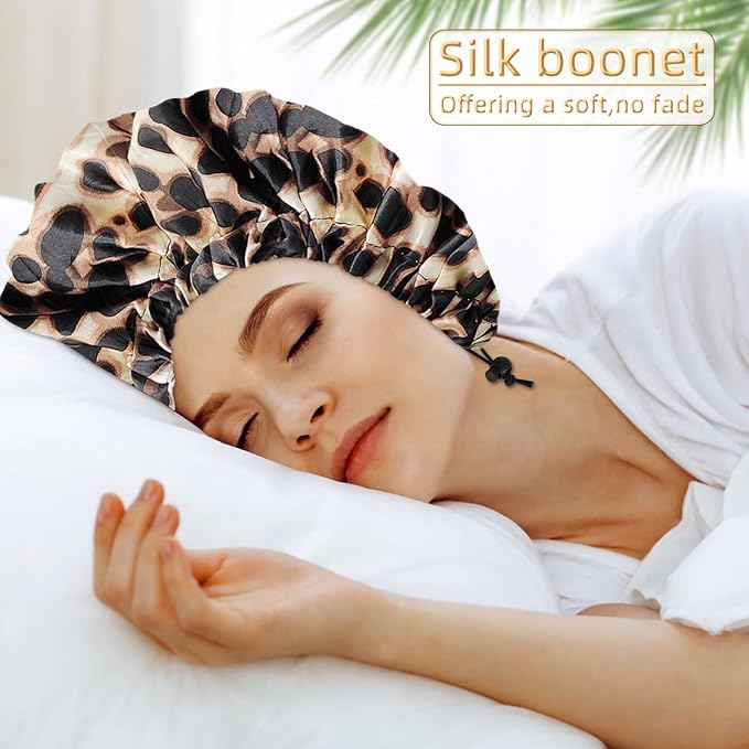 Satin Silk Bonnet for Curly Hair Bonnet Braid Bonnet for Sleeping Bonnets for Women Large Double-Layer Adjustable(Leopard)