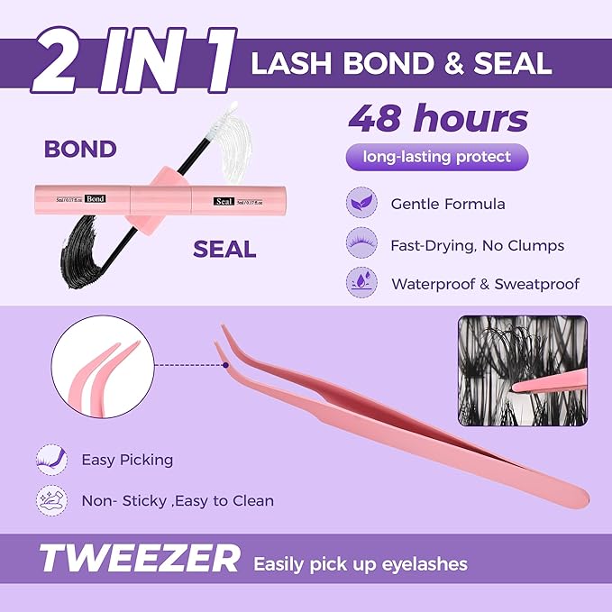 DIY Mega Volume Lash Extension Kit – 240PCS 60D/80D Fluffy Volume Lash Clusters, D Curl Eyelash Clusters with Bond & Seal, Dramatic Wispy Look, 10–16mm Mixed Lengths, Waterproof, Long-Lasting