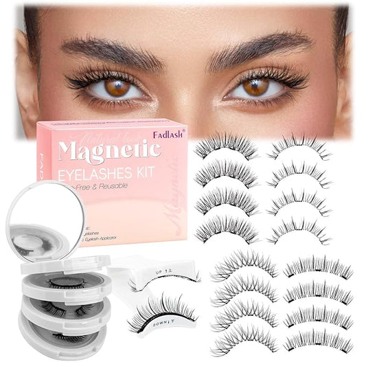FADLASH Magnetic Eyelashes with Applicator Reusable Magnetic Lashes Natural Look 4 Pairs with Clamp No Glue Needed False Eyelashes Kit Easy to Wear (KS01+B1+MC+K8)
