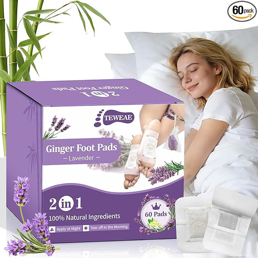 Ginger Foot Pads, 60 Pads One-Piece Design Premium Natural Bamboo Vinegar Foot Care Pad with Natural Crystals for Stress & Fatigue Relief, Ideal for Winter Better Sleeping, Lavender Scented