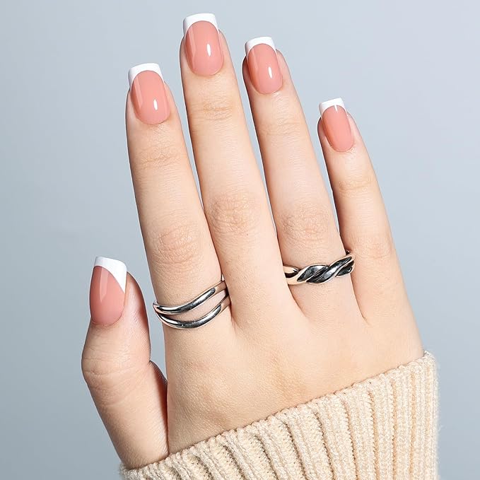 Leefrei French Tip Press On Nails - Short Square Peach-toned Nude Press on Nails Glossy Nails Press Ons for Women DIY Fake Nails Kit with Glue, Reusable Glue on Nails in 16 Sizes - 32pcs, Peach Tip