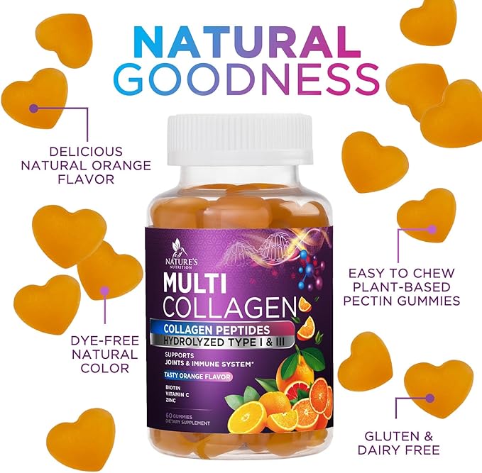 Collagen Gummies with 2500 mcg Biotin - Hydrolyzed Peptides Protein Type I & III Multi Collagen Supplement with Vitamin C & Zinc - Support for Hair, Skin, Nails, Tasty Orange Flavor - 60 Gummies
