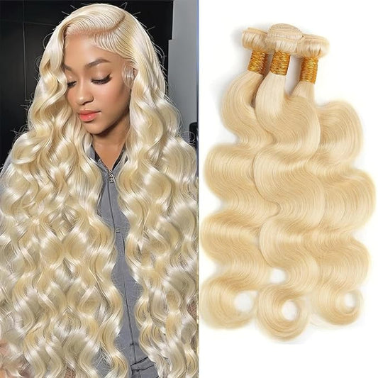613 Bundles Blonde Human Hair Body Wave Bundles 24 26 28 Inch 100% Unprocessed 12A Grade Brazilian Virgin Hair Extensions for Women Double Weft Quick Weave Full and Thick No Tangle