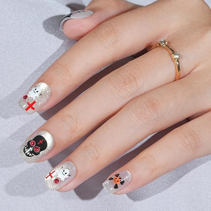 Press On Nails Halloween - Dark Coven, Halloween Press On Nails Short Cat Eye, Acrylic Square Glue On Nails with Nail Glue, Fit Perfectly & Natural Stick On Nails in 16 Sizes - 32 PCS Soft Gel Kit