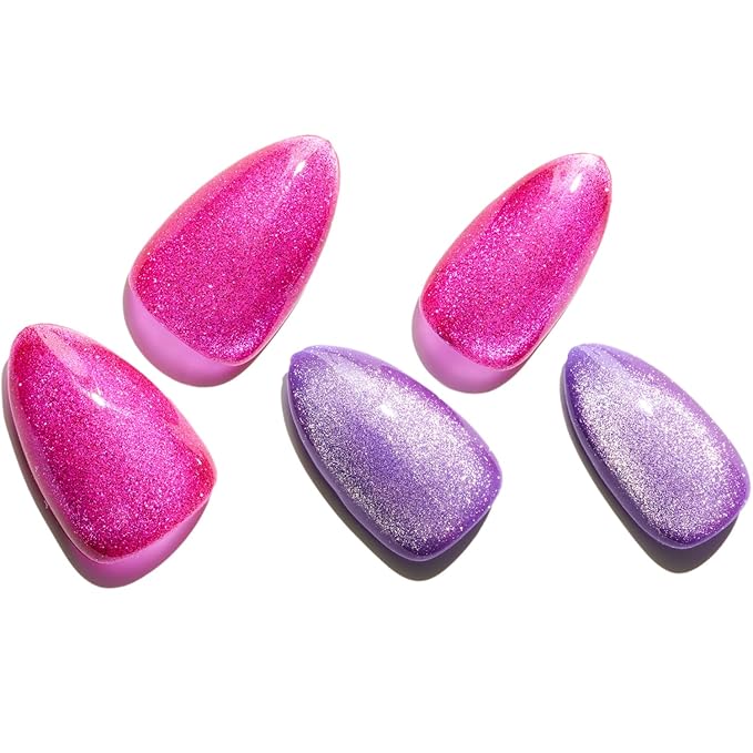 GLAMERMAID Hot Pink Purple Magnet Cat Eyes Press On Nails Short Almond, Aurora Magnetic Handmade Soft Jelly Gel Fake Nails, Round Oval Stick Glue on Nail Kit for Women, Reusable Acrylic False Nail Set