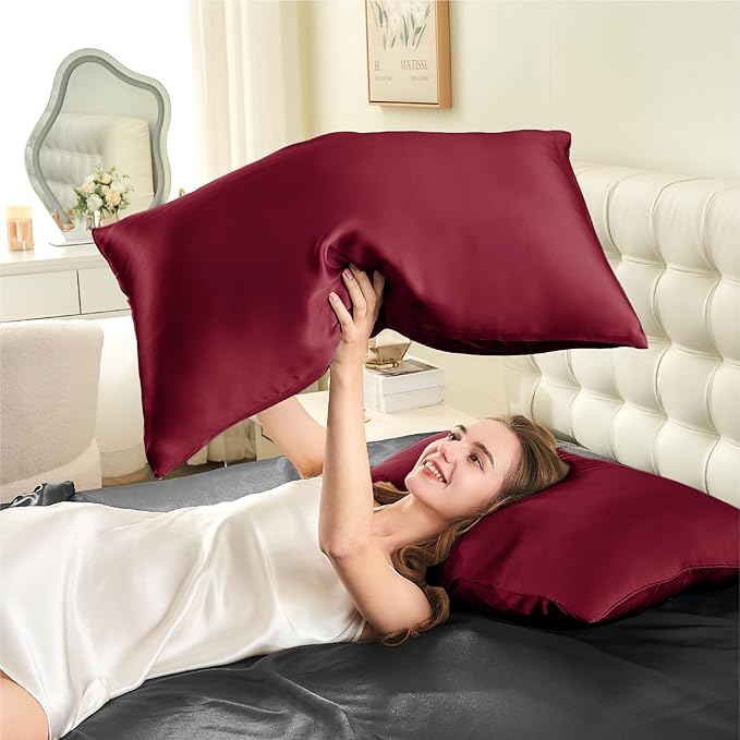 INFIIXSO Mulberry Silk Pillowcase for Hair and Skin, Silk Pillow Cases Queen Size Set of 2 with Hidden Zipper 20x30 Inches, Smooth and Soft Cooling Pillow Cases for Hot Sleepers(Burgundy, 2 Pack)