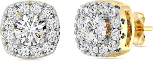 Gilded Lab-Grown Diamond Sterling Silver and 14KT Yellow Gold Plated Silver Stud Earrings for Women | Cushion Halo Shaped Studs | Hypoallergenic Fine Jewelry | Prong Setting, Push Back Nut | SI1 Clarity, F Color 1/4, 1/2, ,1 Carat Total Weight