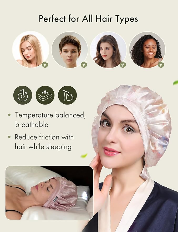 LilySilk 100% Mulberry Silk Bonnet, Silk Night Sleep Cap Adjustable Hair Wrap for Sleeping, Pink Purple Water