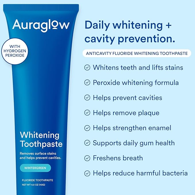 Auraglow Whitening Toothpaste, Hydrogen Peroxide Toothpaste with Fluoride, Whitens Teeth, Prevents Cavities, Strengthens Enamel for Adults, Kids Oral Care, Wintergreen Flavor, 4 oz (1 Pack)