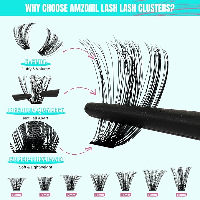 Lash Clusters Kit 320Pcs, 90D DIY Individual Eyelashes Extension With Bond, Seal, Remover, Applicator Tool for False Cluster At Home (D-Mix10-16mm)