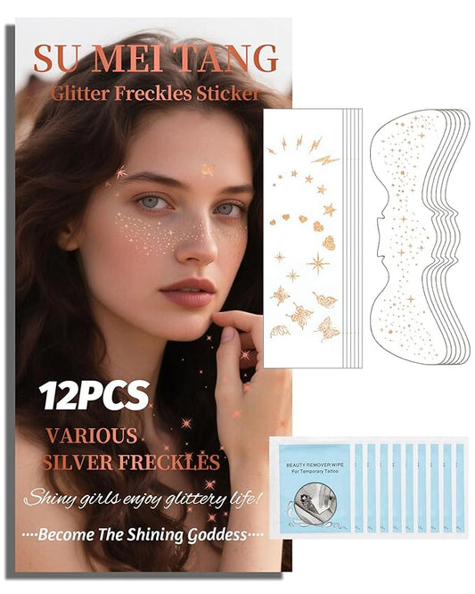 SUMEITANG Glitter Freckles Face Tattoo Patches - 12PCS Temporary Sparkle Face Stickers with 10 Remover Wipes | Waterproof Festival Rave Party Makeup Accessories for Women Girls (Rose Gold)