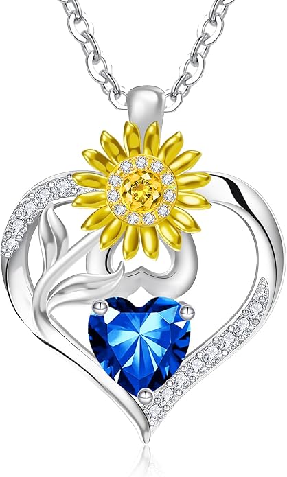 RIVIKO Valentine's Day Gifts for Her-Sunflower Birthstone Necklace for Women,925 Sterling Silver Heart Pendant,Anniversary Birthday Gifts for Women,Birthstone Jewelry for Wife Mother