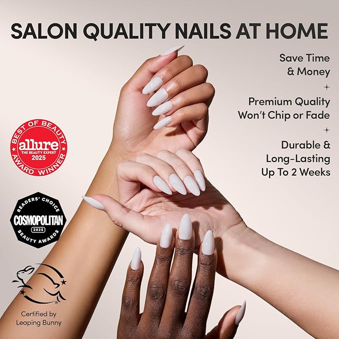 Glamnetic Press On Nails - Clouded | Medium Almond White Fake Nails, Salon Quality Milky Nails | 15 Sizes - 30 Nail Kit with Glue