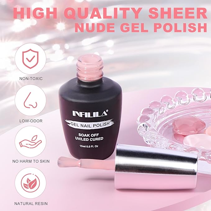 NXJ INFILILA Light Pink Gel Nail Polish, 15ml Baby Milky Pink Soak Off UV LED Gel Polish Long Lasting Shiny, Nude Jelly Sheer Translucent Color for Salon and Nail Art DIY at Home N20