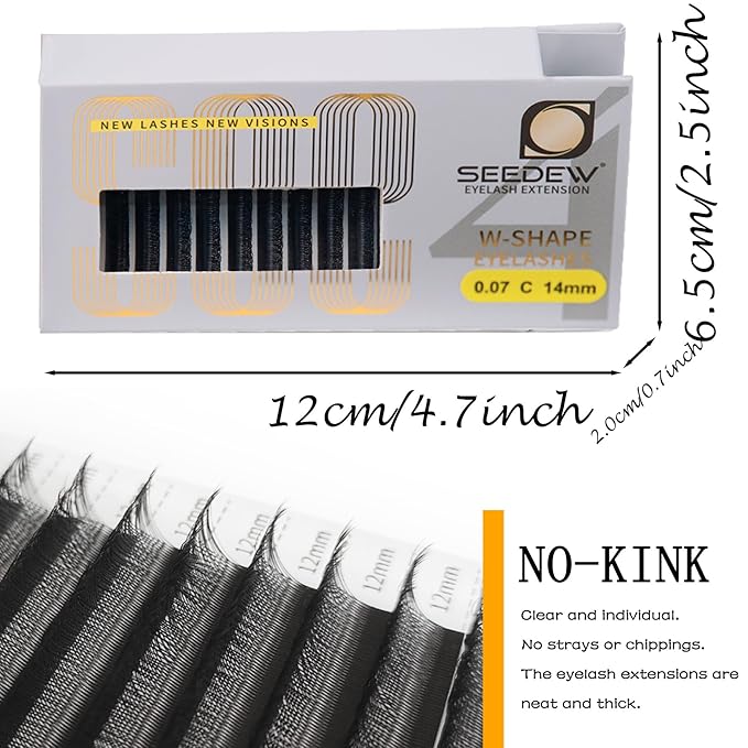 SEEDEW 4D Lash Extensions, 0.07mm C Curl 11mm 12 Rows/Tray, W Shape Flat Stem, Korean PBT Volume False Eyelashes Grafting for Beginner Artist, Lash Tech, Beauty Salon(4D-Matte Black-0.07-C-11mm)
