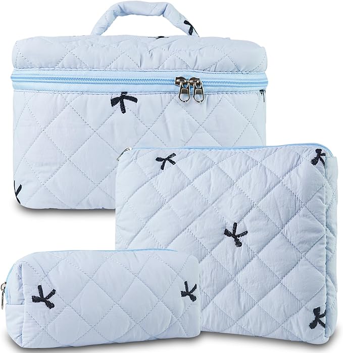 Makeup Bag, 3 PCS Quilted Makeup Bag, Cute Floral Cotton Cosmetic Bag set, Coquette Makeup Pouch Large Travel Toiletry Bag