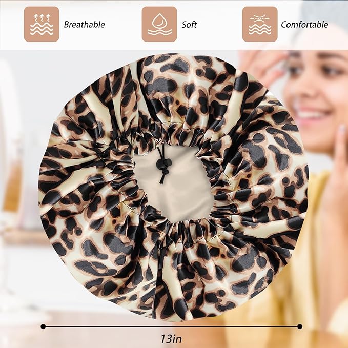 Satin Silk Bonnet for Curly Hair Bonnet Braid Bonnet for Sleeping Bonnets for Women Large Double-Layer Adjustable(Leopard)