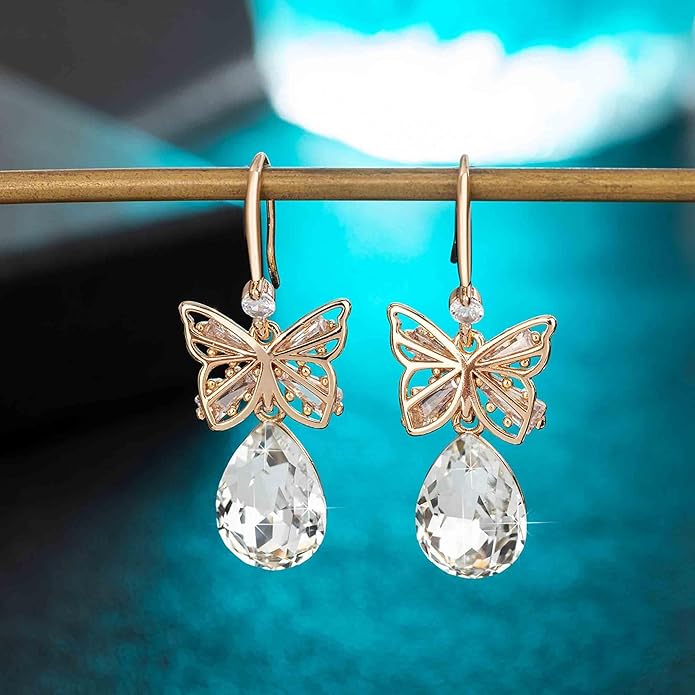 Austrian Crystal Teardrop Butterfly Drop Dangle Earrings for Women 14K Rose Gold Plated Hypoallergenic Jewelry