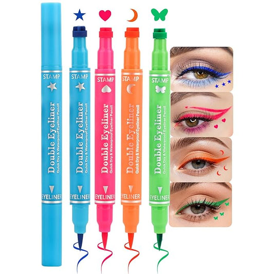 Erinde 4PCS Liquid Eyeliner Stamp Set, Double-Ended Colored Winged Eyeliner Pens with Face Stamps, Blue Star, Pink Heart, Orange Moon, Green Butterfly Waterproof Winged Eye Liner, Cosplay Eye Makeup