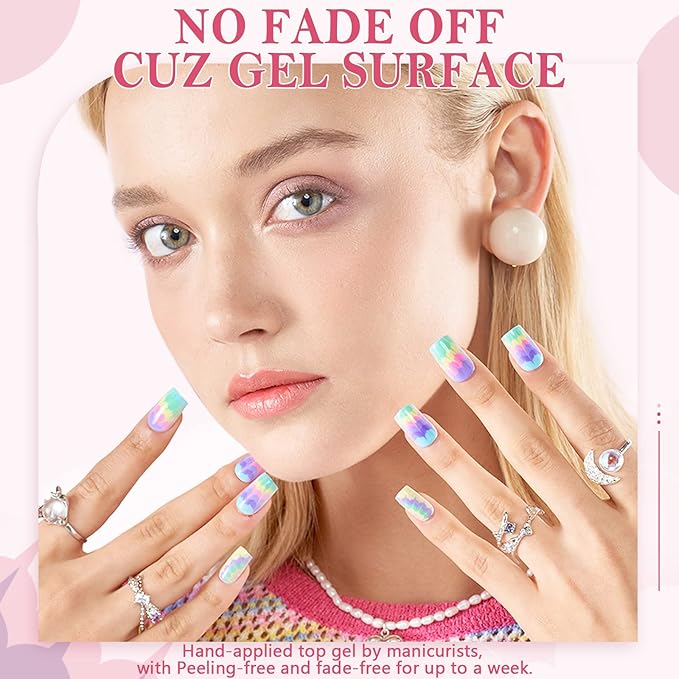GLAMERMAID Tie Dye Press on Nails Medium Square, Colorful Ombre Light Green Pink Gel False Nals, Natural Light Color Glue on Nails Kit for Women, Reusable Stick on Acrylic Fake Nails Manicure Set