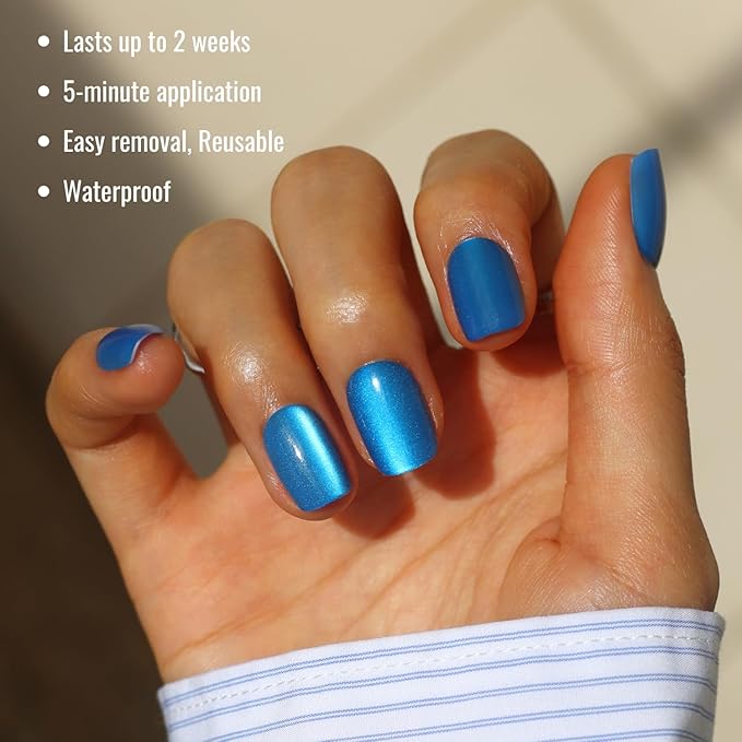 LAMIMOSA 32Pcs Cat Eye Press On Nails Short Square – Blue Nail Kit, Soft Gel Fake Nails in 16 Sizes, Reusable Glue on Nails, BLUE VELVET