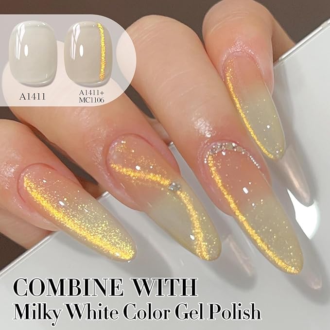 Double Rhythm Jelly Glass Cat Eye Gel Polish with Magnet 15ML Holographic Glitter Shimmer Translucent Sheer Color Magnetic Nail Polish Salon DIY at Home (MC1106)