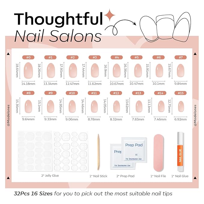 modelones Nude Short Press on Nails, Semi-Transparent Oval Fake Nails Kit Press Ons with Nail Glue, Adhesive Tabs, Nail File, Prep Pad, Manicure Stick, 32Pcs 16 Sizes, Valentines