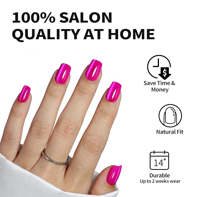 SHANGMENG Hot Pink Press on Nails Short - Cat Eye Press on Nails Square for Women Gift, Natural Fit & Glossy Stick on Nails in 16 Sizes - 32 Reusable Soft Gel Fake Nails with Glue, Hot Pink