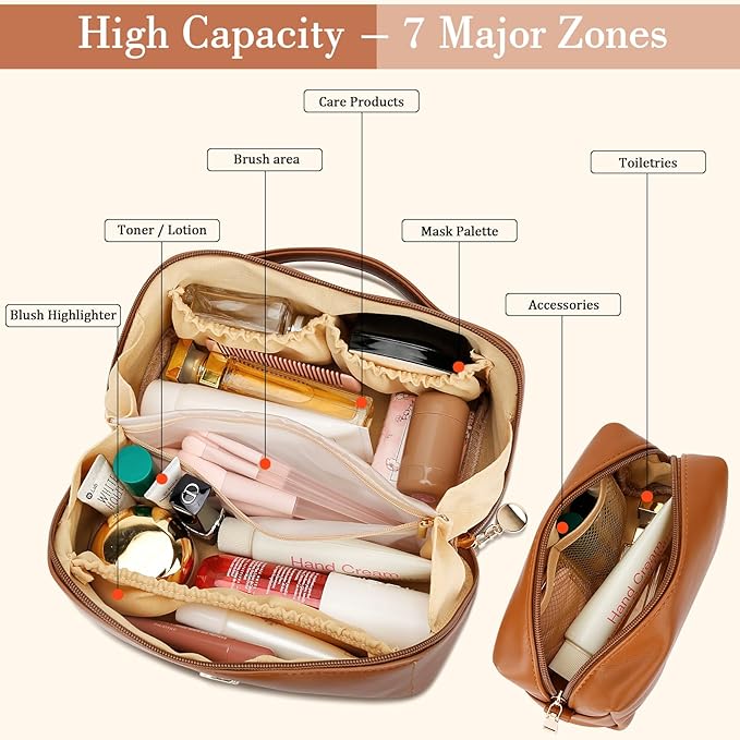 Valentine's Day Gifts for Women Teen Girl, Personalized Initial Makeup Organizer Bag Set, Open Flat Travel Cosmetic Bag With Clear Divider and Handle(Brown,C)
