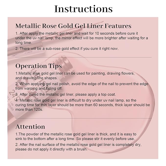 RARJSM Metallic Gel Liner Nail Art Rose Gold 3D Mirror Chrome Effect Gel Nail Polish 8ml Painting Build in Thin Brush Metal Painted Drawing Striper Gelpolish Soak off Curing Requires for Home Salon