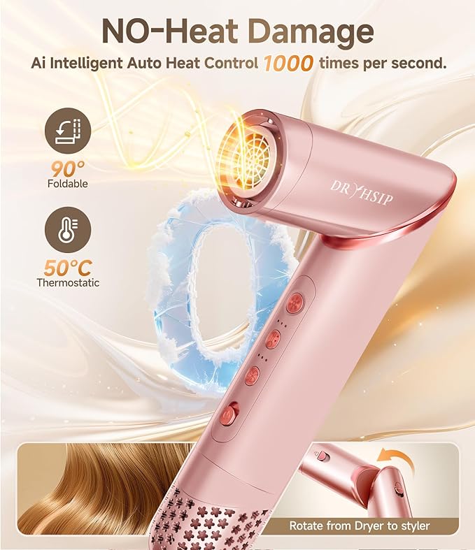 8 in 1 Hair Styler Curler & Air Dryer Brush, 110,000 RPM High-Speed Negative Ionic Foldable Hair Dryer Fast Drying, Multi Professional Hot air Styler for Curling Volumizing Straightening Styling(Pink)