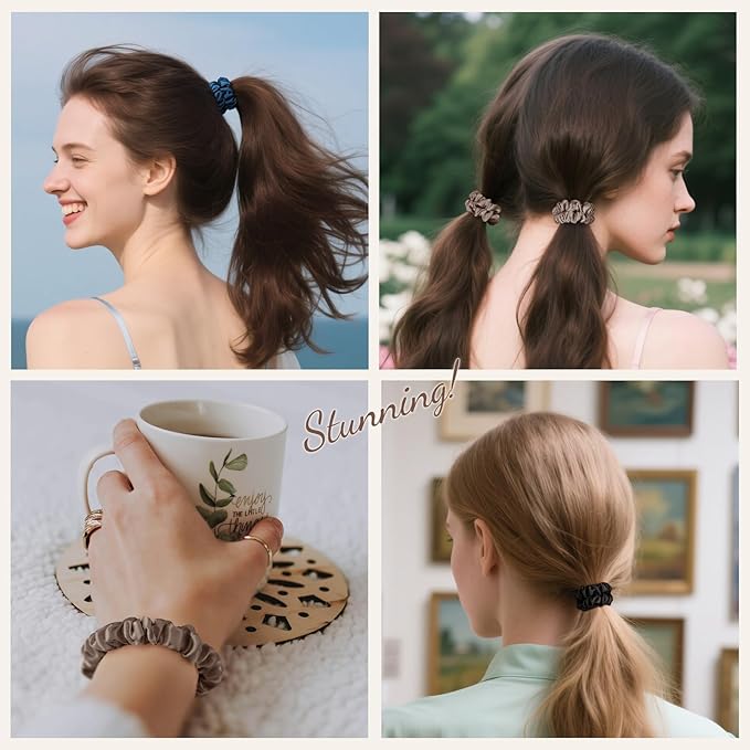 LULUSILK Small Silk Hair Ties No Damage, 100% Real Mulberry Silk, Skinny Scrunchies Ponytail Holders for Thin Fine Hair, Brown, Pack of 3