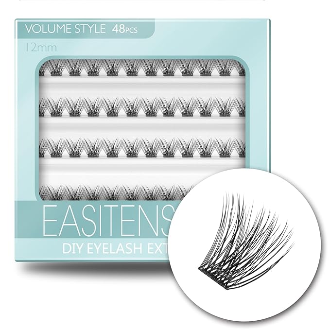 DIY Eyelash Extension, 3D Effect Glue Bonded Band Individual Lash 48 Clusters Volume Lashes Set, Home Eyelash Extension, C curl Lashes Pack 12MM-Volume-48 Clusters