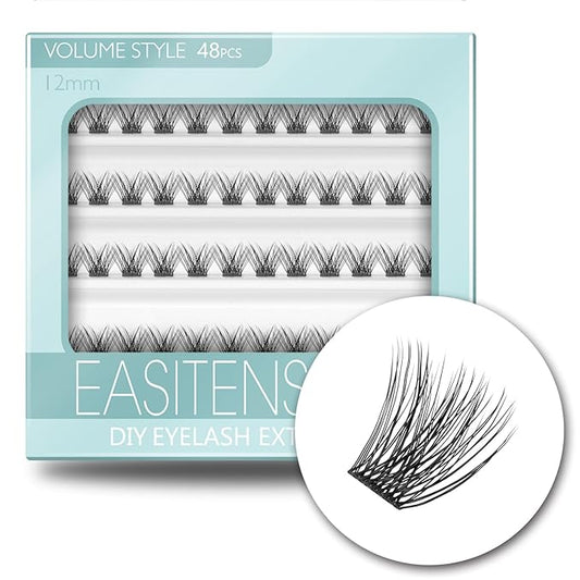 DIY Eyelash Extension, 3D Effect Glue Bonded Band Individual Lash 48 Clusters Volume Lashes Set, Home Eyelash Extension, C curl Lashes Pack 12MM-Volume-48 Clusters