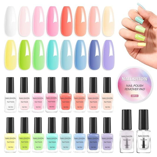 Nailshion Pastel Nail Polish Set-16 Colors Macaron Pink Blue Yellow Nude Pink Purple Air Dry Nail Polish Set with Base Top Coat & Remover Pads,Vegan, Non-gel Air Dry DIY Nail Art Salon Gift for Women