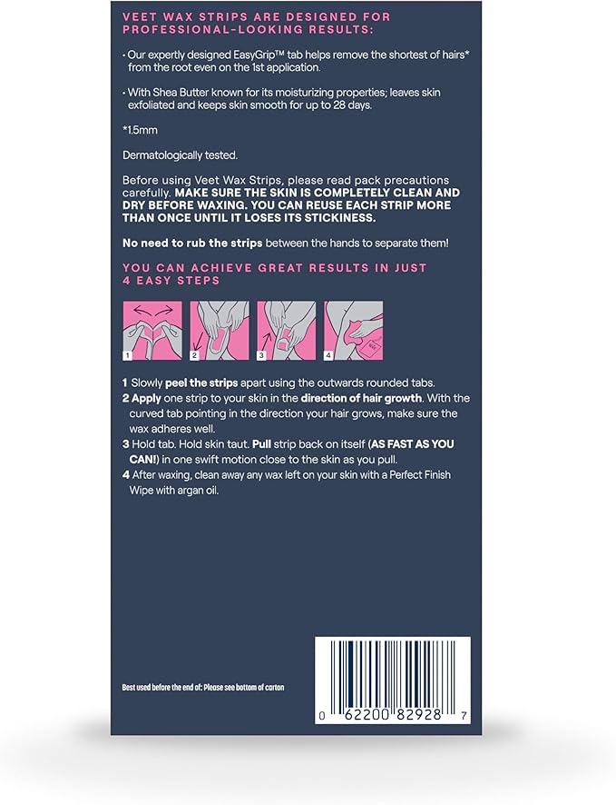 VEET Sugar Wax Strips For Women's Body Hair Removal, Bikini Hair Removal Kit, Pubic, Dermatologically Tested For Body & Intimate Areas, 40ct Wax Strips with Shea Butter & 4ct Wipes