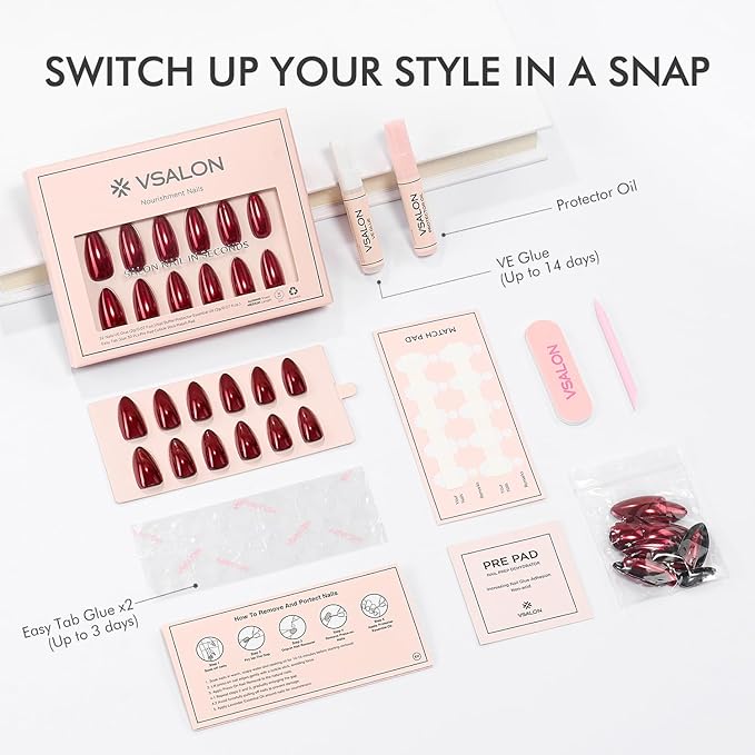VSALON Press On Nails Almond, 32 Pcs 16 Sizes Red Press On Burgundy Chrome Metallic Medium Fake Nails With Glue & Cuticle Oil, Reusable Stick On Nails False Nails Kit Valentines Gift For Women