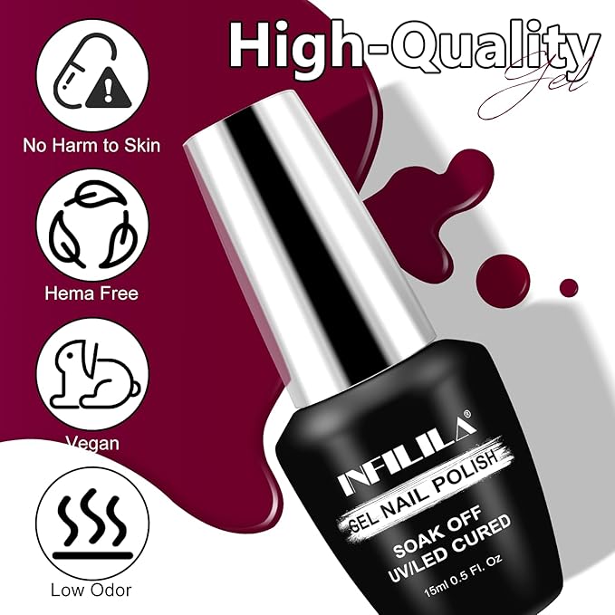 NXJ INFILILA Red Gel Nail Polish, Hema Free Dark Red UV LED Gel Polish, One-Stroke Coloring Deep Cherry Color High Gloss Soak Off UV Manicure Salon DIY for Girls SQ120