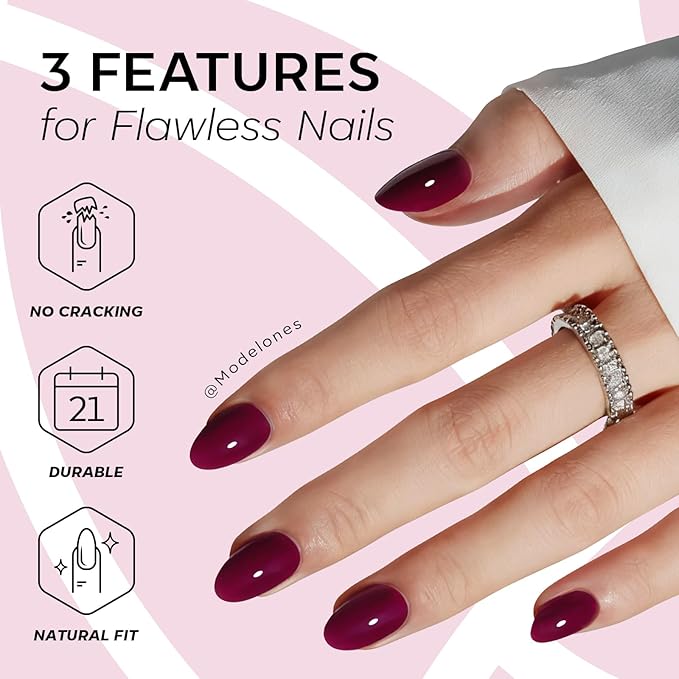 modelones Short Press on Nails, Oval Fake Nails Kit Press Ons with Nail Glue, Adhesive Tabs, Nail File, Prep Pad, Manicure Stick, 32Pcs 16 Sizes, Burgundy, Valentines