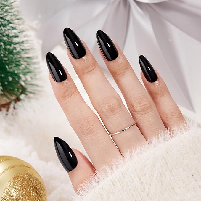VSALON Press on Nails Medium Almond - Glossy Black Winter Nails for Women, Reusable Solid Opaque Gel Fake Nails with Glue & Cuticle Oil - 32 PCS Glue On Nails in 16 Sizes (Enchanting Night)